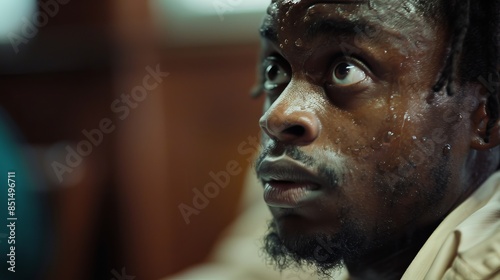 A black criminal terrified and sweating during his trial in the courtroom because all the arguments are against him and he is about to get the penalty of life imprisonment
