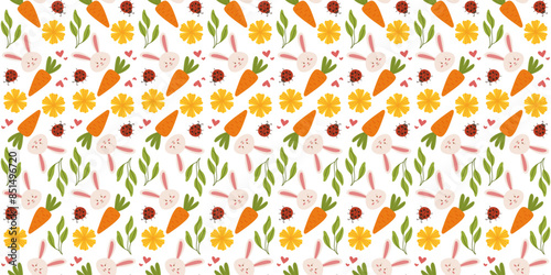 Easter pattern with bunnies and flowers in a cute, hand-drawn vector style. Ideal for textiles, packaging, and decorative design.