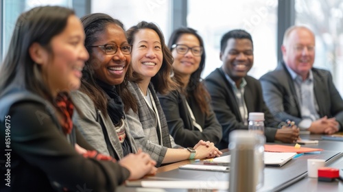 Diverse group of professionals sitting around a conference table, smiling and laughing. AIG535