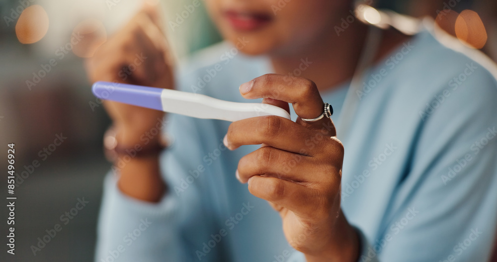 Obraz premium Hands, result and woman with pregnancy test in home for fertility, ivf or ovulation planning. Healthcare, future and closeup of female person reading medical information on maternity stick at house.
