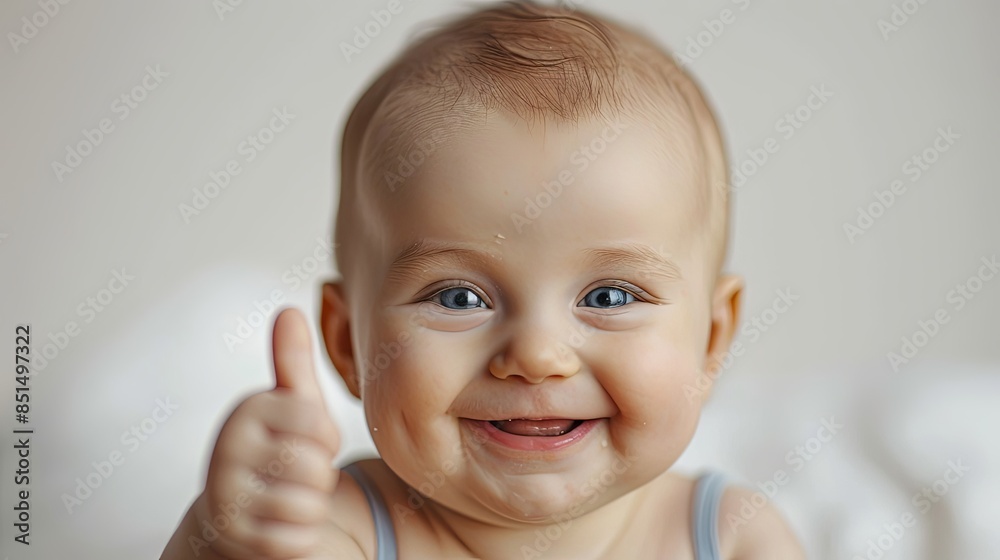 An endearing baby with a toothy grin raises a thumb in approval, dressed in a light blue tank top An endearing baby with a toothy grin raises a thumb in approval, dressed in a light blue tank top