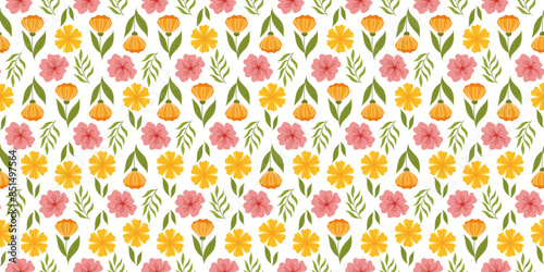 Seamless arrangement featuring floral elements. Botanical-inspired repetitive fabric or wallpaper design with orange flower on stem with leaf, yellow flower, cherry blossom, and leaves.