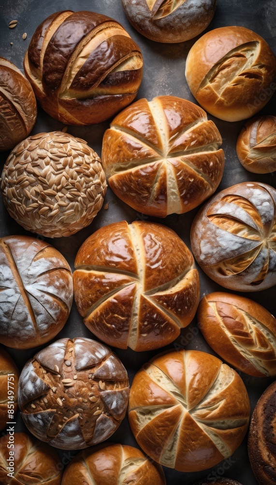 A selection of warm, freshly baked bread loaves with beautifully scored crusts, presented on a rustic slate, ready to be enjoyed with butter or your favorite spread A selection of warm, freshly baked bread loaves with beautifully scored crusts, presented on a rustic slate, ready to be enjoyed with butter or your favorite spread