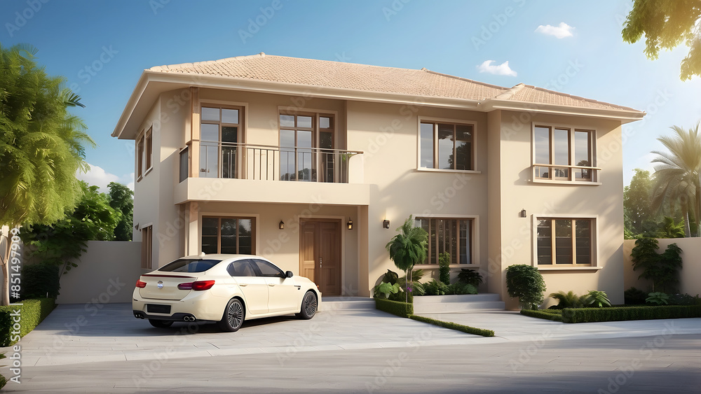 Small house exterior design with a car parking, full beige color theme, real estate home exterior front elevation with a small lawn, bright sunny day Small house exterior design with a car parking, full beige color theme, real estate home exterior front elevation with a small lawn, bright sunny day