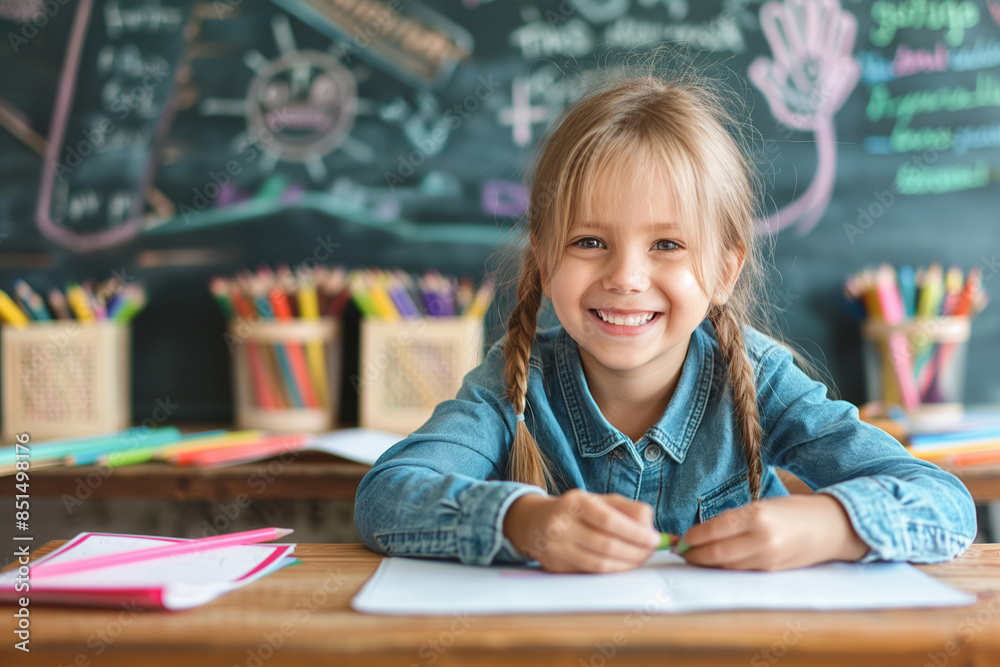 a girl is sitting at a desk with a chalkboard behind her a girl is sitting at a desk with a chalkboard behind her