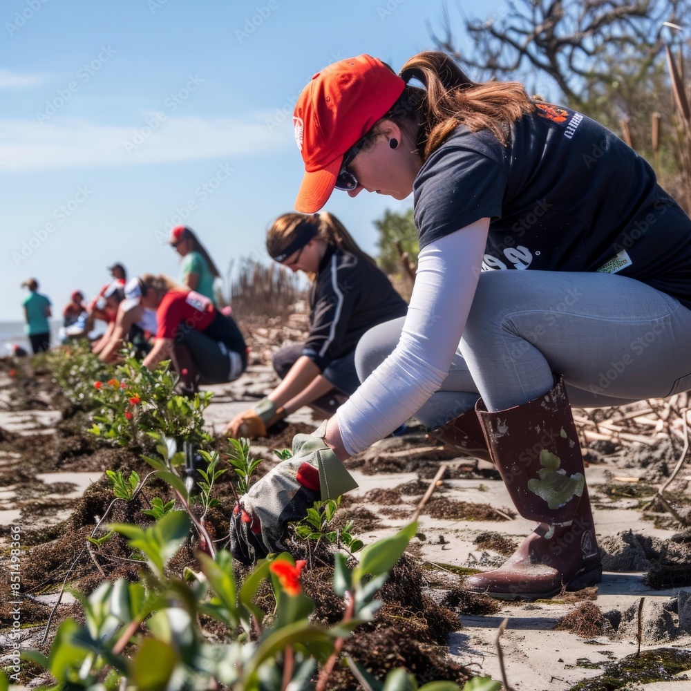 Fototapeta premium Volunteers planting seedlings on a coastal area during a community environmental conservation event.