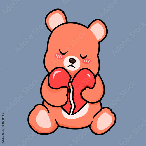 Clip art illustration of flat isolated cute teddy bear cartoon character holding broken heart plushy feeling sad emotion after break up