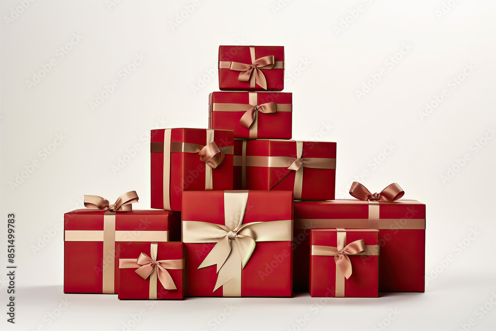 Obraz premium generated illustration of red paper gift box red bow ribbon white background.