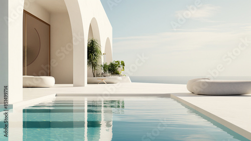 Beautifully minimalist luxury villa courtyard, balcony, and stage backdrop. Pool, sky, sea, © Villas