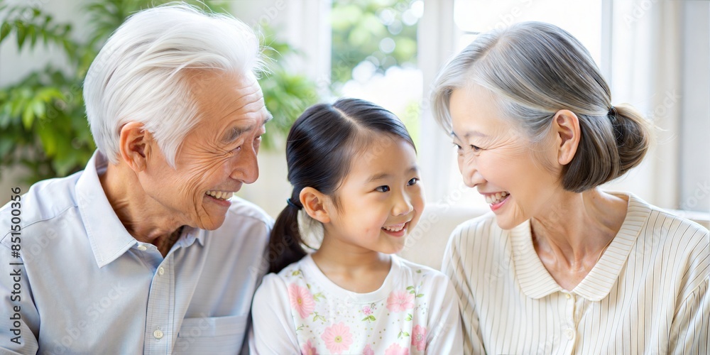 Fototapeta premium Japanese grandparents talking to their granddaughter.