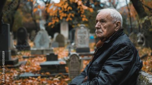 Loneliness concept portrait of sad senior man sitting in a cemetery