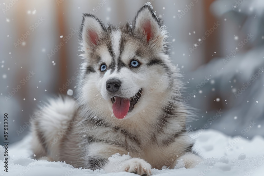 A fluffy husky puppy playing in the snow, with its tongue out and a playful expression. The background shows snow-covered trees A fluffy husky puppy playing in the snow, with its tongue out and a playful expression. The background shows snow-covered trees