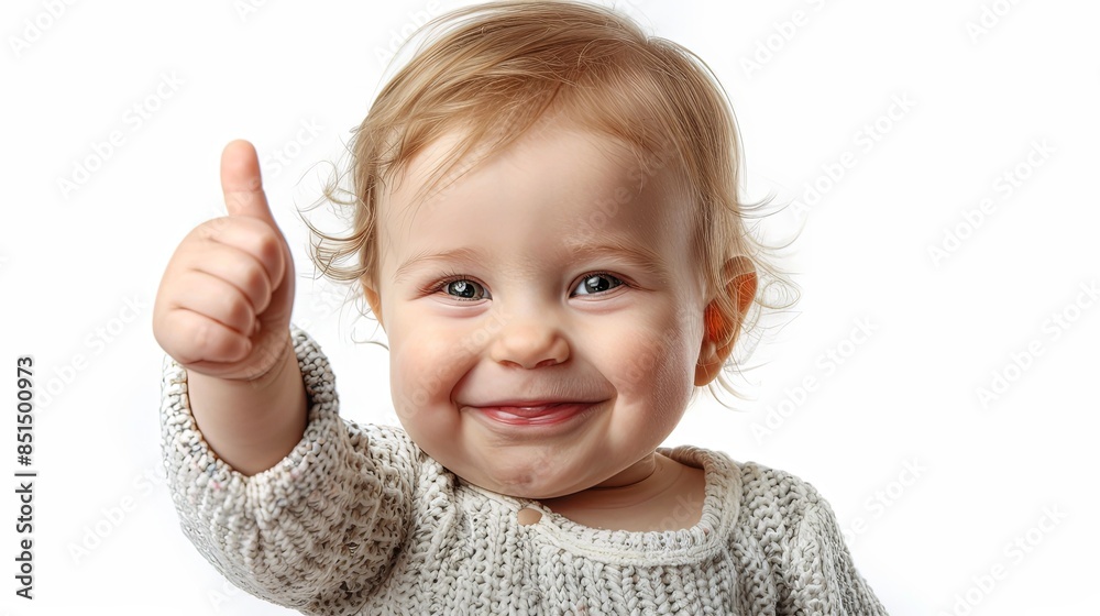 A joyful toddler with a big smile doing a thumbs up gesture in front of a white background A joyful toddler with a big smile doing a thumbs up gesture in front of a white background