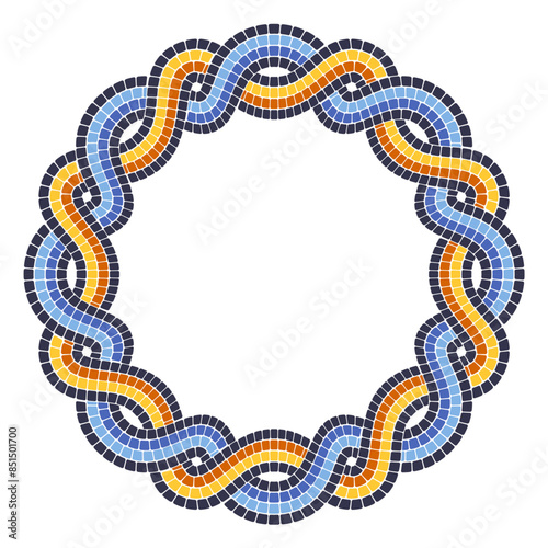 Round frame with two interweaving mosaic braid, border with interlacing pattern, mosaic pigtails circle, vector