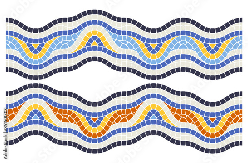 Wavy mosaic border ornament, seamless pattern in portuguese style, interior and exterior wave decor line, vector
