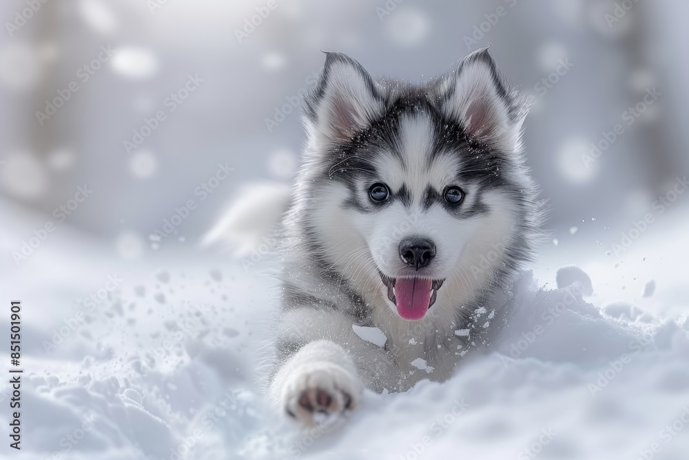 A fluffy husky puppy playing in the snow, with its tongue out and a playful expression. The background shows snow-covered trees A fluffy husky puppy playing in the snow, with its tongue out and a playful expression. The background shows snow-covered trees