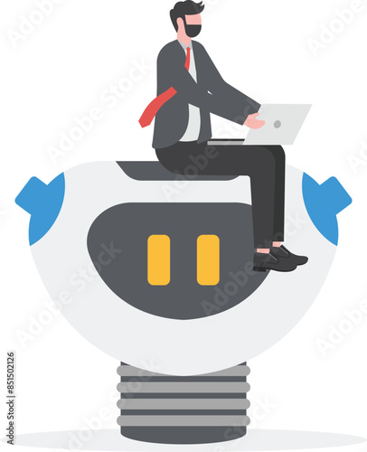 artificial intelligence and the future of work illustration with businessman sitting on multitasking artificial intelligence robot to help his work, ai in work management concept illustration

