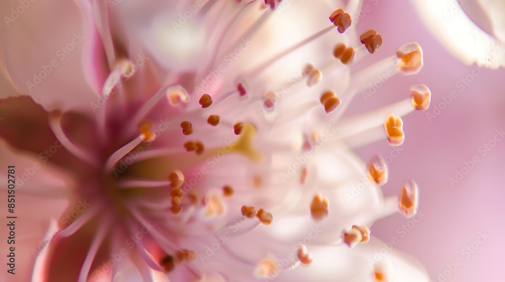 Cherry blossom stamen, extreme close-up, delicate pinks, soft sunlight, intricate details, soft background. Cherry blossom stamen, extreme close-up, delicate pinks, soft sunlight, intricate details, soft background.