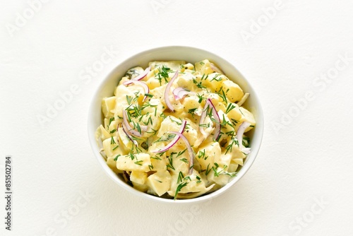 Potato salad with egg, pickle, red onion with mayonnaise and yogurt dressing