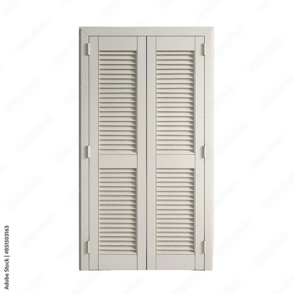 Front view of a white louvered shutter door on a white background, perfect for architectural and interior design projects. Front view of a white louvered shutter door on a white background, perfect for architectural and interior design projects.