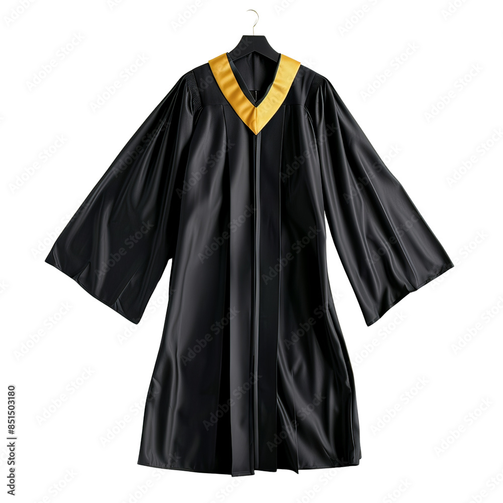 Graduation gown with golden stole on hanger isolated on transparent background, symbolizing academic achievement and celebration. Graduation gown with golden stole on hanger isolated on transparent background, symbolizing academic achievement and celebration.
