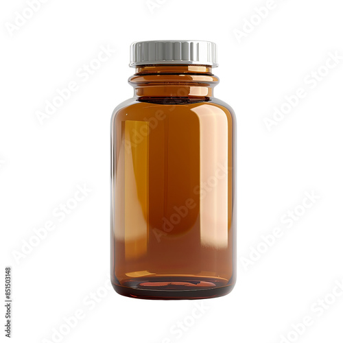 Empty amber glass bottle with a silver cap, isolated on a white background. Ideal for pharmacy, medicine, or laboratory use.