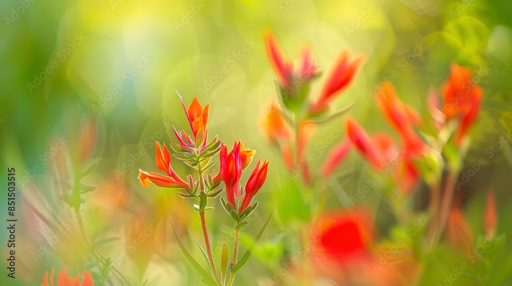 Indian paintbrush, macro shot, vibrant red and orange, bright daylight, high detail, soft green bokeh. Indian paintbrush, macro shot, vibrant red and orange, bright daylight, high detail, soft green bokeh.