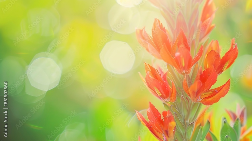 Indian paintbrush, macro shot, vibrant red and orange, bright daylight, high detail, soft green bokeh. Indian paintbrush, macro shot, vibrant red and orange, bright daylight, high detail, soft green bokeh.
