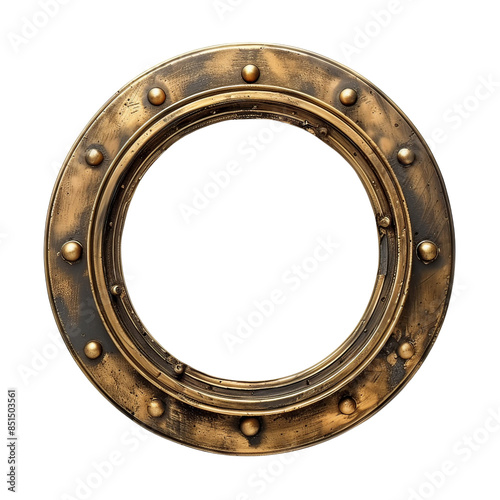 Rustic brass ship porthole with bolts, isolated on white background. Ideal for nautical, maritime themes and historical designs. photo