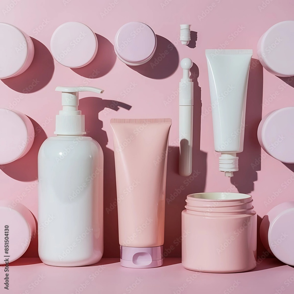 cosmetic product image.pink and white pills on white background,.pink lipstick. 