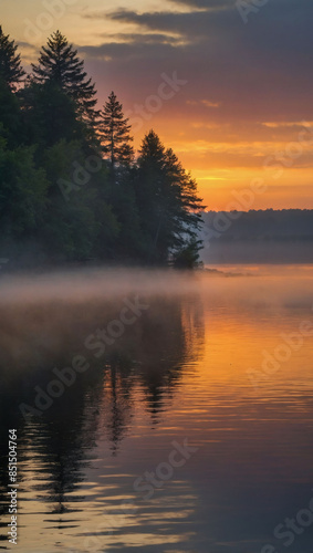 Sunrise haze over lake.