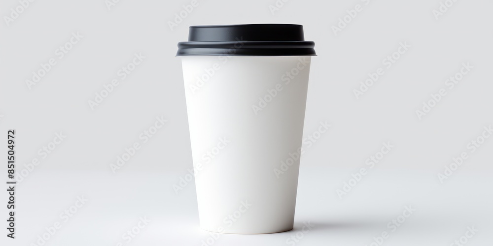 Disposable Coffee Cup with Black Lid on White Surface. Paper Cup for Hot Beverages, Minimalist Design. Generative AI Disposable Coffee Cup with Black Lid on White Surface. Paper Cup for Hot Beverages, Minimalist Design. Generative AI