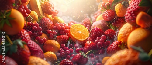 Colorful mix of fruits and wild berries spread on water splash. For presentation product arch
