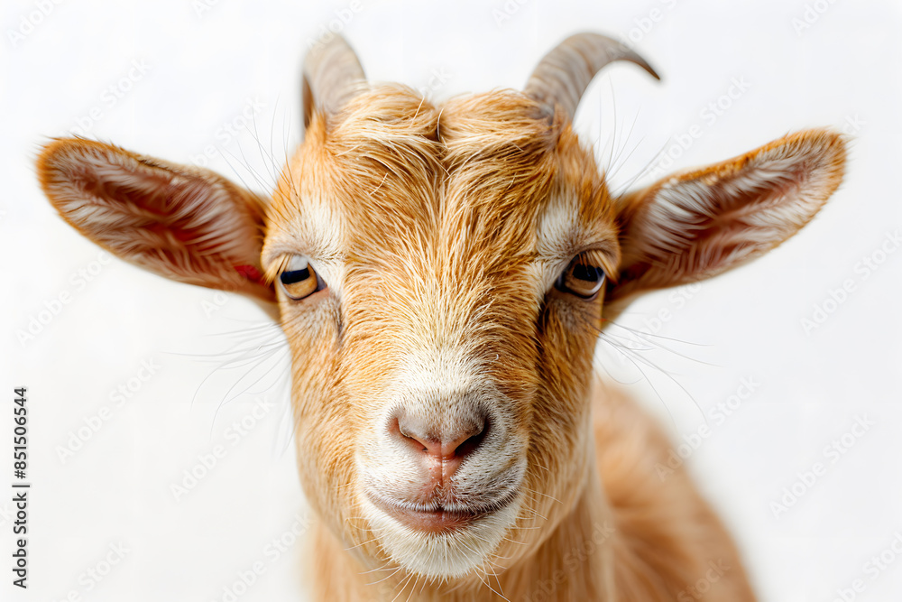Closeup head shot of goat face on a white background Closeup head shot of goat face on a white background