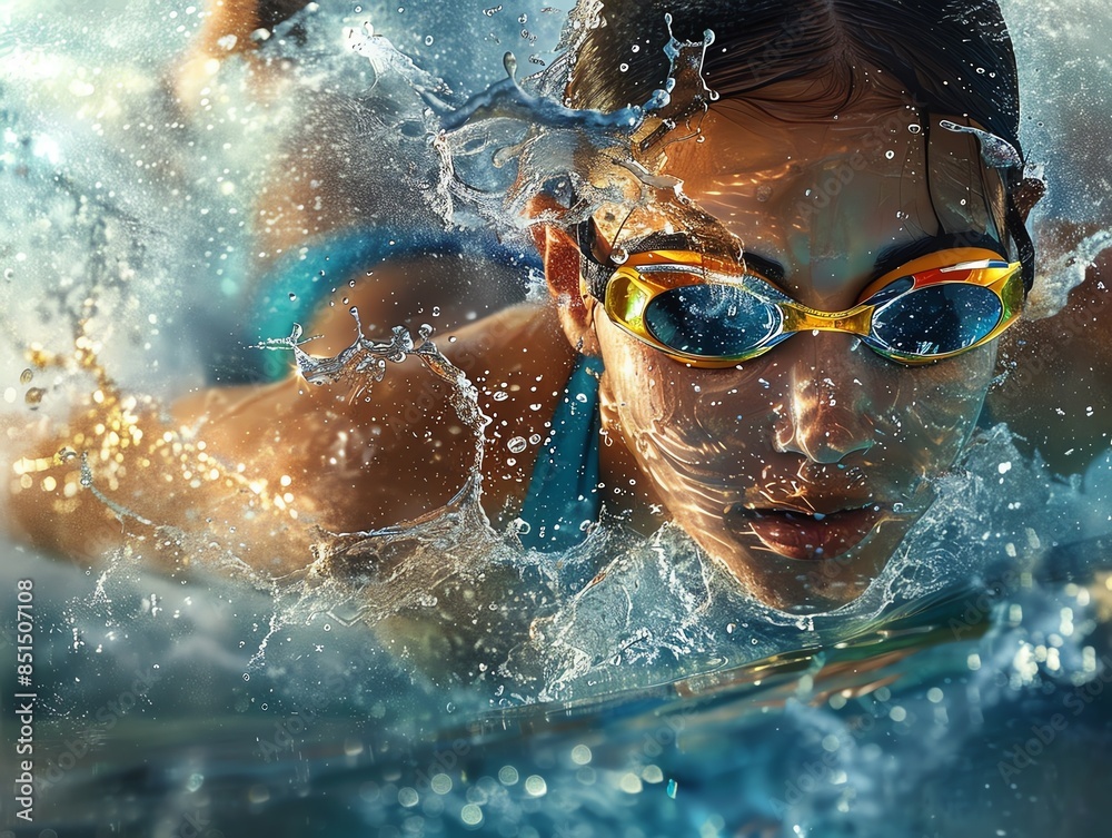 Fototapeta premium South East Asian woman winning a gold medal in swimming, realistic depiction, intense focus and joy, lifelike lighting, dynamic water effects, vivid colors