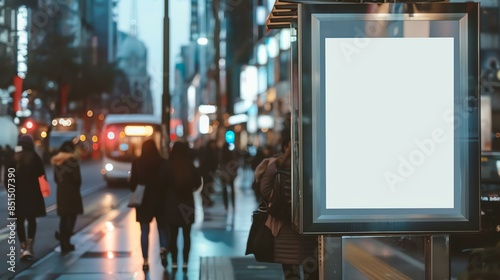 An empty billboard in a busy city street with people walking by. There are cars and buses in the background.