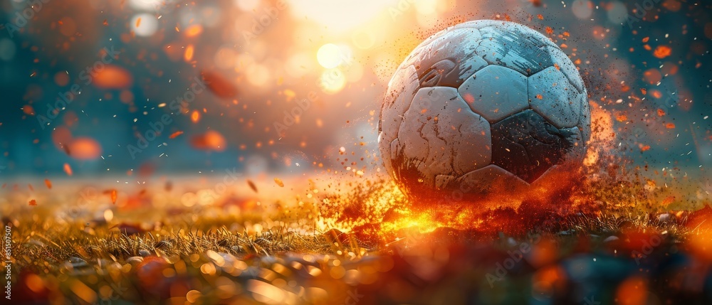 Naklejka premium Fiery Game: A Soccer Ball Engulfed in Flames, Capturing the Explosive Energy and Passion of the Sport on the Field. Energy Sport 