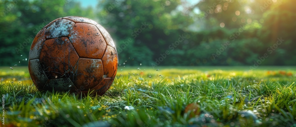 A ball is resting on lush green grass in a natural landscape under a cloudy sky A ball is resting on lush green grass in a natural landscape under a cloudy sky
