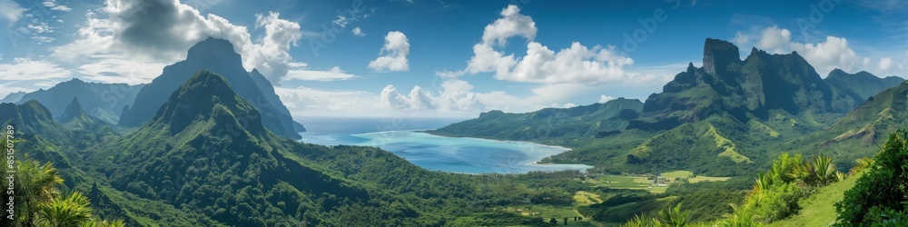 A stunning view of a mountainous island surrounded by clear blue waters, perfect for a tropical vacation. A stunning view of a mountainous island surrounded by clear blue waters, perfect for a tropical vacation.