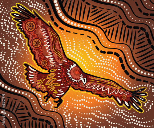 An artistic representation of a flying eagle with aboriginal art