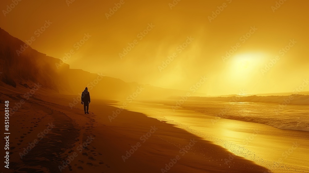 A solitary figure walking along a misty beach at sunrise, with footprints trailing behind, creating a mysterious and golden atmosphere A solitary figure walking along a misty beach at sunrise, with footprints trailing behind, creating a mysterious and golden atmosphere