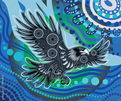 Flying eagle painting, adorned with aboriginal dot design