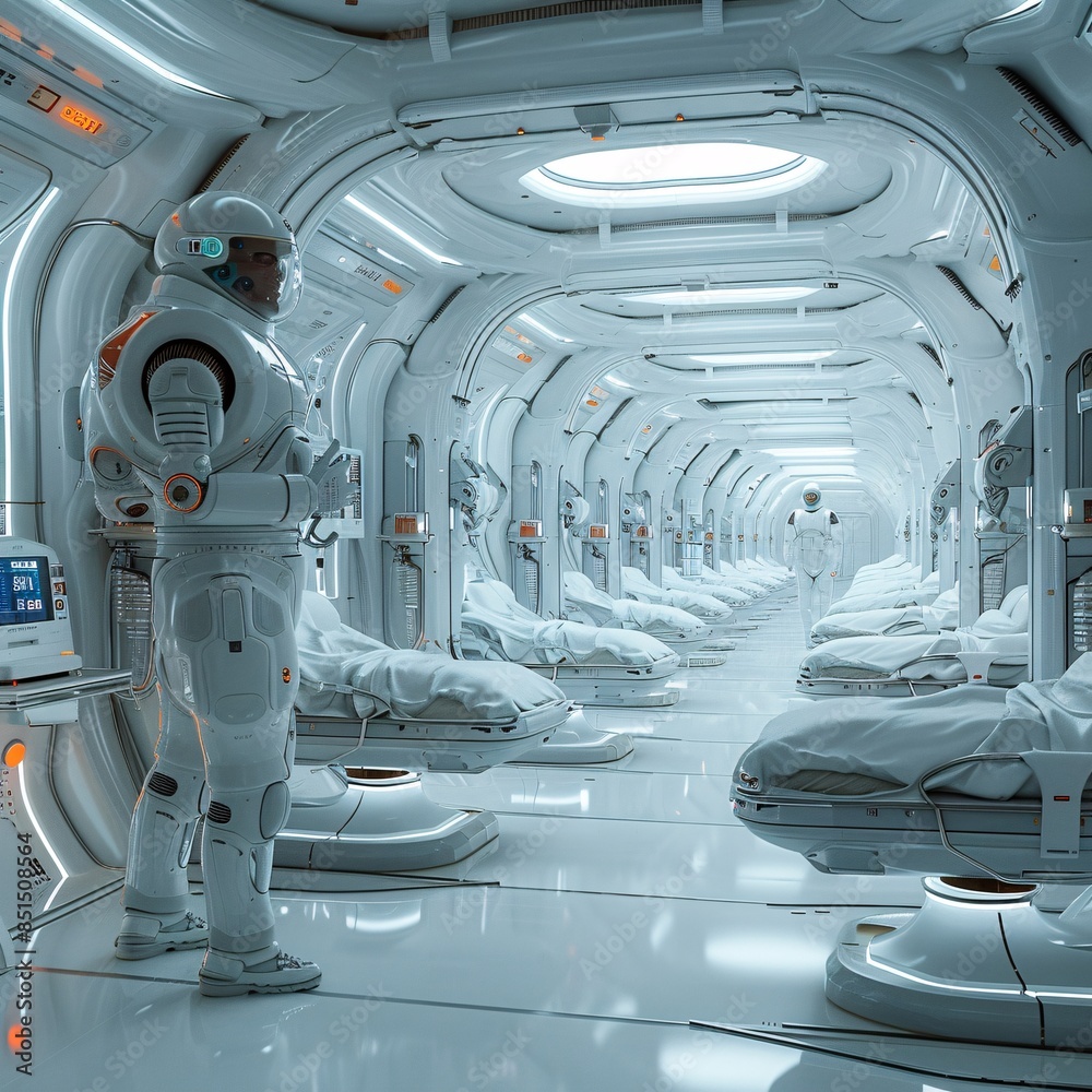 Fototapeta premium A pristine futuristic medical facility with robotic surgeons and advanced diagnostic machines. The interior is clean and sleek, with white and silver tones.