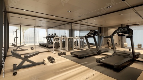 modern home gym with sleek equipment, a mirrored wall, and ample space for various workouts