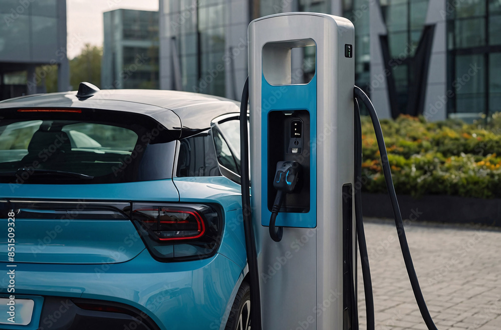 New electric charging station stands on the background, with а sleek and modern design, a light blue electric car is seen charging, with its charging card plugged into the station New electric charging station stands on the background, with а sleek and modern design, a light blue electric car is seen charging, with its charging card plugged into the station
