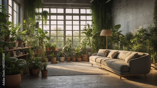 modern living room filled with plants and flowers, sunlight shining through window, eco-friendly house interior