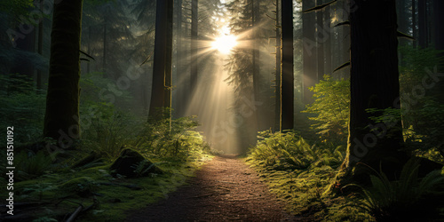 Forest Path At Dawn. Sun Shine Through Majestic Trees Of Silent Woodland. Generative AI