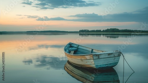 A rustic fishing boat moored on a serene lake at dusk, symbolizing quiet persistence and peaceful reflection.