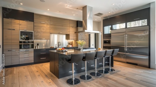 modern kitchen with sleek cabinetry  stainless steel appliances  and a spacious island for cooking and entertaining