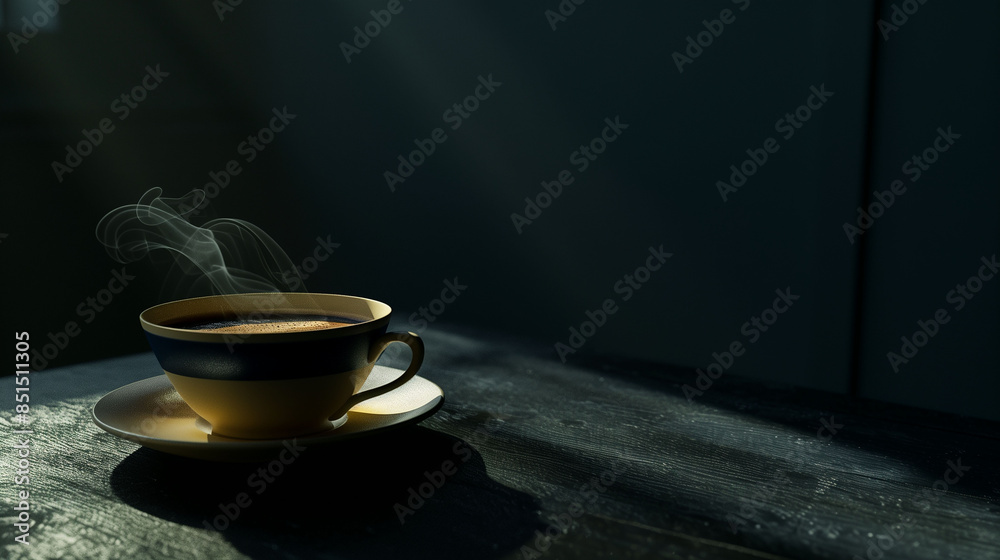 A black coffee cup with steam coming out of it. The image has a mood of relaxation and warmth A black coffee cup with steam coming out of it. The image has a mood of relaxation and warmth